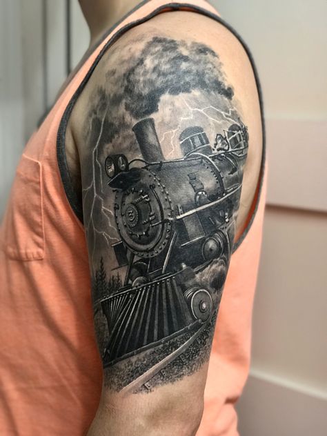 Steam Engine Tattoo, Train Tattoo Design, Train Tattoos For Women, Locomotive Tattoo, Western Tattoo Designs, Steam Train Tattoo, Train Tattoos, Scott Tattoo, Grandpa Tattoo