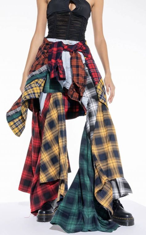 Bougie Clothes, Conservative Outfits, Tartan Fashion, Gender Fluid Fashion, Handkerchief Style, Chunky Heel Booties, Trim Fabric, Layered Fashion, Recycled Fashion