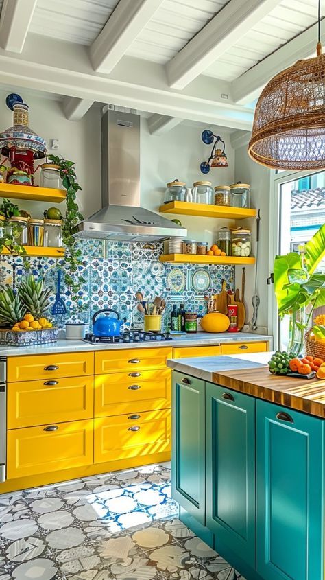 Yellow Boho Kitchen, Colourful Country Kitchen, Colorful Small Kitchen Ideas, Bright And Colorful Kitchen, Quirky Kitchen Design, Colorful Kitchen Aesthetic, Small Colorful Kitchen, Maximalist Kitchen Decor, Maximalist Decor Kitchen