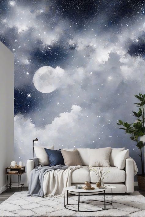 home decorating, home interior design, space planning, interior design space planning, interior bedroom design, designer wall paint, home paint colors Bedroom Clouds, Cloud Room, Wallpaper Bedroom Feature Wall, Night Sky Wall, Sky Paintings, Light Oak Floors, Grandparents House, Sky Painting, Design Your Dream House