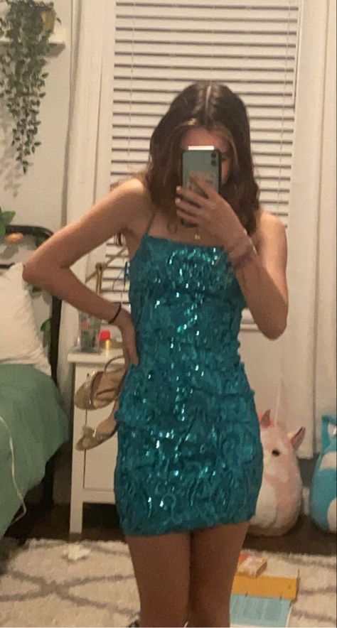 Under The Sea Hoco Theme Dress, Sea Dress Aesthetic, Sea Blue Prom Dress, Aqua Hoco Dresses, Home Coming Dresses Short 2023, Under The Sea Hoco Dress, Turquoise Hoco Dress, Teal Hoco Dress, Teal Sparkly Dress