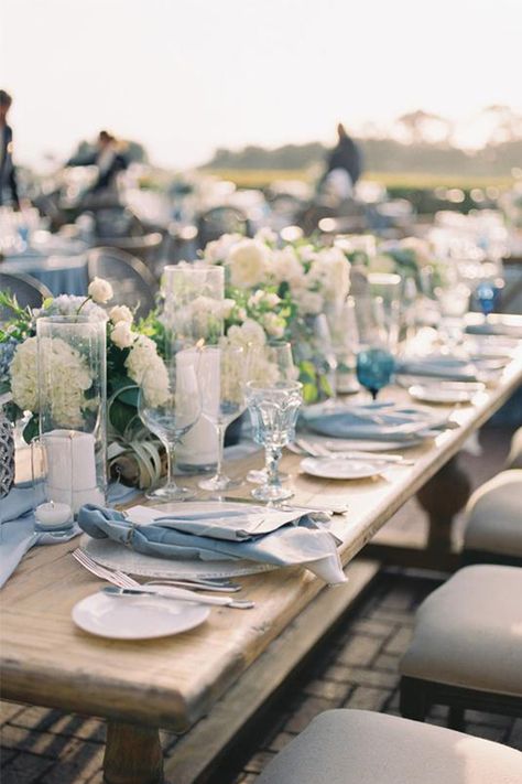 Blue Wedding Ideas, French Blue Wedding, Pelican Hill Wedding, Blue Table Settings, Blue Hydrangea Wedding, Baby Blue Weddings, Pelican Hill, Wedding Color Trends, Dusty Blue Wedding