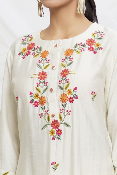 Buy Cream Kurta And Pant Viscose Rayon Embroidered Thread Straight Set For Women by Samyukta Singhania Online at Aza Fashions. Yoke Designs, Kurta Embroidery, Kurti Sleeves, Pakistani Party Wear Dresses, Crewel Embroidery Patterns, Kurti Sleeves Design, Kurti Embroidery, New Kurti Designs, Silk Sarees With Price