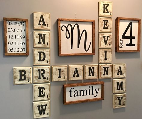 Scrabble Tiles Wall Decor, Scrabble Decorations Ideas, Small Scrabble Wall Art, Diy House Wall Decor, Scrabble Tile Crafts Wall Hangings, Living Room Gallery Wall Decor Ideas, Scramble Wall Decor, Scrabble Family Wall Art, Scrabble Letter Wall Decor