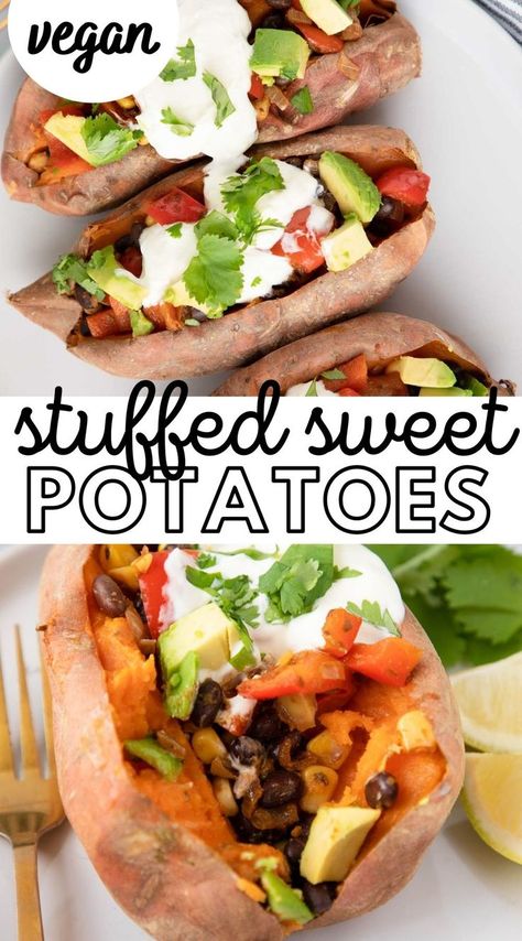 These black bean stuffed sweet potatoes featured delicious sweet potatoes baked to perfection and stuffed with a spiced black beans and corn. Stuffed Sweet Potatoes, Loaded Sweet Potato, Vegan Black Bean, Cozy Dinner, Vegan Sour Cream, Vegan Tacos, Vegan Sweet Potato, Tasty Vegetarian Recipes, Sweet Potato Recipes