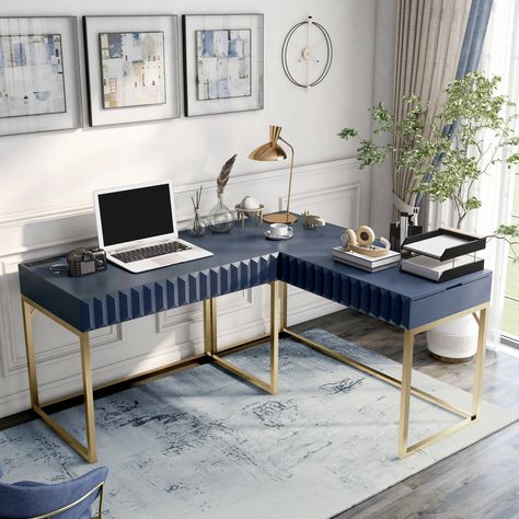 The unexpected 3D paneling of this L-shaped desk adds a retro vibe to your home office. Find storage in the hidden drawer on smooth metal glides, or in the lift-top. Desk L Shaped Office, Marble L Shaped Desk, Home Office With L Shaped Desk, L Shaped Desk Decor, Office With Desk In Middle Of Room, L-shaped Desk, Home Office L Shaped Desk, Modern Bedroom Desk, L Shaped Desks