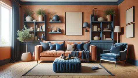 terracotta and navy blue living room Navy Rust And Sage Living Room, Navy Blue And Terracotta Living Room, Cognac And Blue Living Room, Terracotta Living Room Ideas, Blue And Terracotta Living Room, Blue And Copper Living Room, Red Brick Living Room, Terra Cotta Living Room, Navy Sofa Living Room