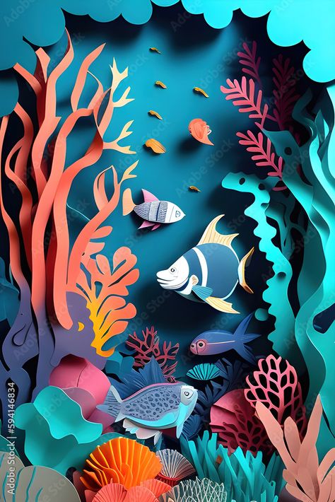 Coral Reef Craft, Coral Art, Paper Art Craft, Color Background, Vector Illustrations, Coral Reef, Art Craft, Marine Life, Paper Art