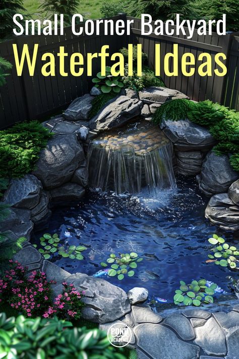 A look at 16 small corner waterfall pond ideas to help you design the perfect water feature for your backyard! Gazebo With Waterfall, Small Pond With Waterfall Ideas, Pond And Waterfall Ideas, Outdoor Pond Ideas Landscaping, Small Garden Ponds With Waterfalls, Backyard Ponds With Waterfalls, Small Ponds With Waterfall, Small Waterfall Ideas, Water Features For The Yard