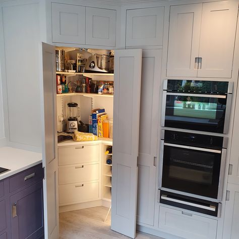 Larder Ideas Walk In, Kitchen Hidden Utility, Hidden Pantry Door In Kitchen Corner, Hidden Pantry Walk In Corner, Howdens Corner Larder Unit, Corner Larder Unit Kitchen, Hidden Larder, Hidden Corner Pantry, Corner Larder Cupboard