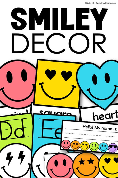 A matching set of smiley face classroom decor with alphabet posters, number posters, borders, name plates, 2D shape posters, and more. Happy To See Your Face Bulletin Board, Smiley Bulletin Board Ideas, Smiley Face Classroom Door Ideas, Classroom Number Posters, Alphabet Classroom Decoration, Classroom Diy Decorations, Grade One Classroom Set Up, Smiley Classroom Theme, Smiley Face Classroom Decor