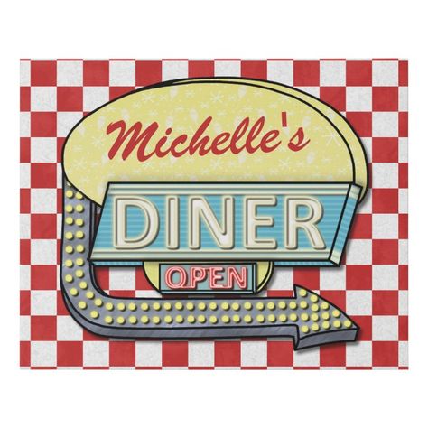 Diner Sign, 50s Diner, Red Checkered, Custom Name, Diner, Canvas Print, Stars, Canvas, Red