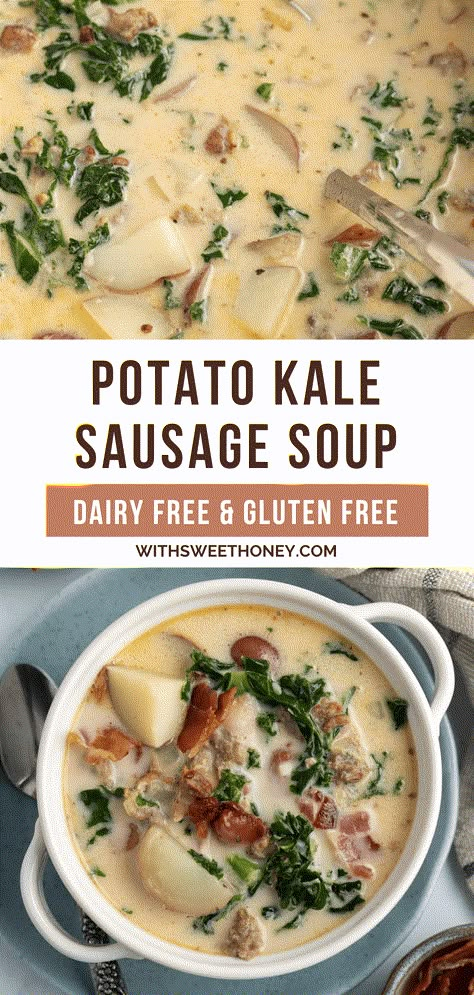 Potato Kale Sausage Soup Dairy Free Zuppa Toscana Soup, Kale Sausage Soup, Vegan Zuppa Toscana, Sausage Potato Kale Soup, Dairy Free Potato Soup, Kale Potato Soup, Kale Sausage, Sausage Potato Soup, Vegan Potato Soup