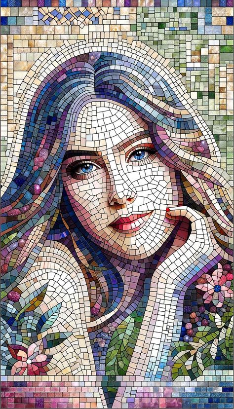 iPhone 15 wallpaper showcasing an artistic mosaic portrait of a girl, with a mix of vibrant and subtle tiles carefully assembled to create a detailed and sophisticated work of art. Iphone 15 Wallpaper, 15 Wallpaper, Portrait Iphone, Mosaic Wallpaper, Mosaic Portrait, Artistic Wallpaper, Chic Wallpaper, Your Wallpaper, A Wallpaper