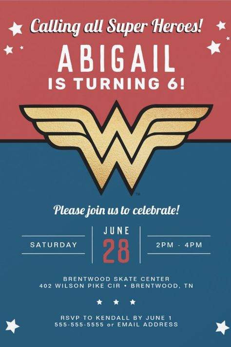 Wonder Woman Golden Logo Birthday Invitation
Celebrate your child's superhero birthday with these blue and red Wonder Woman birthday invitations. Personalize by adding your party details! Wonder Woman Birthday Party, Women Party Ideas, Wonder Woman Party, Wonder Woman Birthday, Superhero Birthday Invitations, Woman Birthday, Woman Birthday Party, Golden Logo, Superhero Birthday Party