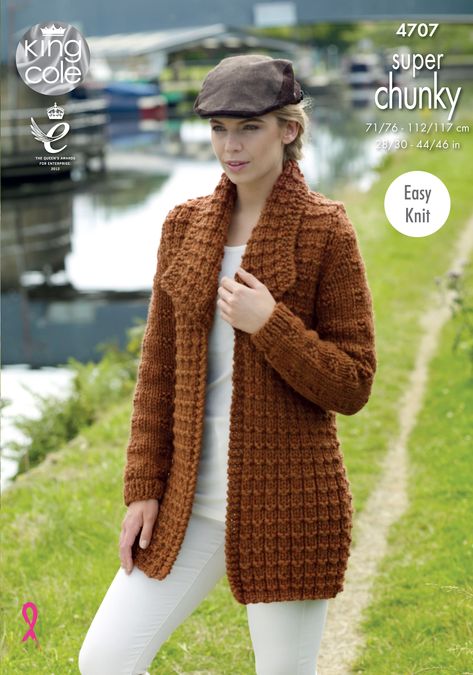 Easy to Follow Jacket & Sweater Knitted with Big Value Super Chunky Knitting Patterns - King Cole Chunky Jacket, Romantic Crochet, Cardigan Sweater Pattern, Free Knitting Patterns For Women, Ladies Cardigan Knitting Patterns, Womens Knitting Patterns, Textured Coat, Jumper Knitting Pattern, Chunky Knitting Patterns