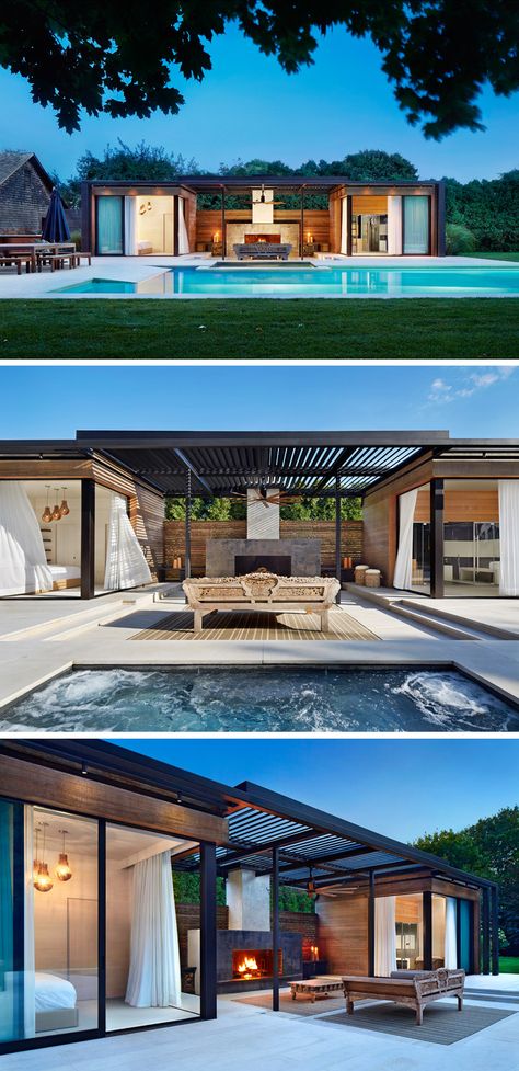 Backyard Pool House, Modern Pool House, Moderne Pools, Luxurious Pool, Pool House Designs, Concrete Pool, Modern Pools, Modern Backyard, Luxury Pool