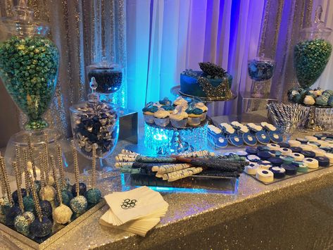 Denim & Diamonds Themed Dessert Bar #jfto #dessertbar #sweettreats #dessertbar #cakepops #blingpops #chocolatecoveredpretzels #chocolatecoveredoreos #chocolatecoveredstrawberries #ringcookies #royalicedsugarcookies #denim #diamonds Diamond Theme Party, Diamonds And Denim Party, Denim Diamonds, Diamond Cake, Diamond Birthday, Diamond Theme, Trunk Party, Treat Table, Bar Mitzva