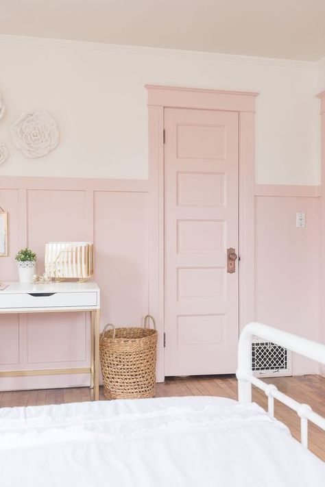 Our Favorite Pink Paint Colors & How to Use Them - The Phinery Pink Panel Wall Nursery, Pastel Home Ideas, Traditional Glam Bedroom, Pink Board And Batten, Dusty Pink Bedroom, Pink Bedroom Walls, Girls Bedroom Makeover, Pink Board, Pink Paint Colors