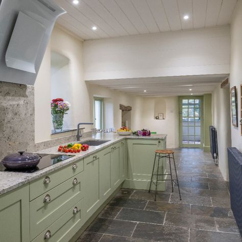 For this project, we kept some of the original beams to ensure the rooms kept their traditional features while modernising their style. #kitchendesign #kitchens #bathrooms #kitchensexeter #bespoke #interiordesign #traditional #contemporary Stone Kitchen Floor, Limestone Floor, Stone Floors, Limestone Wall, Limestone Flooring, Ancient Stone, Stone Kitchen, Wooden Ceilings, Kitchen Floor