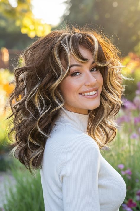 Discover the beauty of easy curly hairstyles with this effortless shoulder-length look. Featuring loose, bouncy curls that exude a natural vibe, this style is perfect for any occasion. Add a middle part for a flattering frame or keep it simple for a relaxed day out. Embrace your curls and shine with this stunning, low-maintenance style! #curlyhairstyles #EasyCurlyHairstyles Big Curls For Medium Hair, Loose Bouncy Curls, Curly Hair For Women, Easy Curly Hairstyles, Curled Hairstyles For Medium Hair, Medium Length Curls, Shoulder Length Curls, Shoulder Length Curly Hair, Frosted Hair