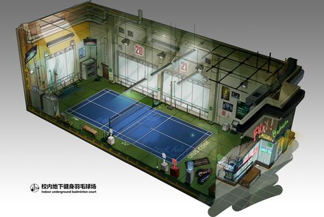 ArtStation - Environment design-badminton court Badminton Stadium Design, Indoor Badminton Court Design, Badminton Court Design, Badminton Court Aesthetic, Indoor Badminton Court, Badminton Aesthetic, Badminton Design, Play Badminton, Amazing Interiors