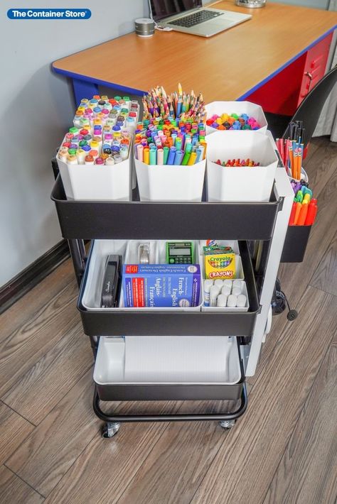 Clutterbug's Cas Aarssen used our 3-Tier Cart to create the perfect mobile art supply station. Plenty of storage space for pens, pencils, markers, glue, chalk, and more!

Shop all of our 3-Tier Carts and accessories here! 3 Tier Storage Cart Ideas, Teacher Three Tier Cart Ideas, 3 Tier Cart Organization Classroom, Three Tier Rolling Cart Ideas, Classroom Marker Storage, Three Tier Cart Organization, 3 Tier Rolling Cart Ideas Classroom, Three Tier Cart Ideas, Art Cart Organization For Kids