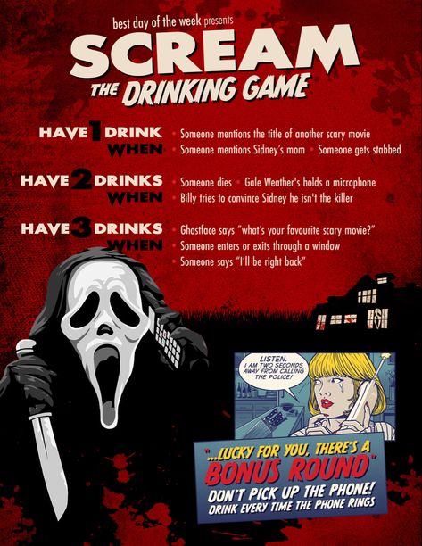 Horror Movie Alcoholic Drinks, Scream Themed Sleepover, Scream Movie Drinking Game, Scream Movie Night Ideas, Halloween Movie Games, Halloween Drinking Games Movie, Horror Themed Party Games, Scream Movie Food Ideas, Scary Movie Drinking Games