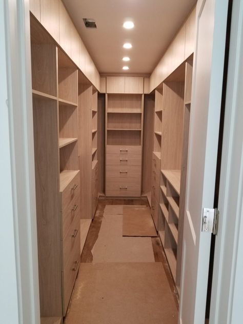 Walk-in closet - Double Dowel Closet Organizers Long Master Closet Layout, Narrow Long Walk In Closet, Walking Closet Design Layout, Narrow Walking Closet, Long Narrow Closet, Narrow Walk In Closet, Master Closet Layout, Walk In Closet Dimensions, Narrow Closet