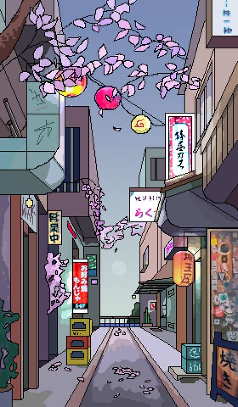 Anime Streets Wallpaper, Tokyo Streets Drawing, Japanese Streets Drawing, Tokyo Art Aesthetic, Japanese City Illustration, Japanese Street Design, Japan Street Illustration, Tokyo Street Wallpaper, Street Illustration Background