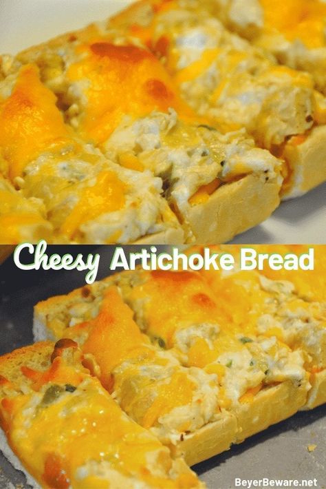 Cheesy Artichoke Bread is a simple appetizer combining artichoke hearts with lots of cheese, garlic, and onions on Italian bread for perfect finger food for any party. #Appetizers #Artichokes #Cheese #CheesyBread Artichoke Bread, Simple Appetizer, Easter Food Appetizers, Artichoke Recipes, Iron Chef, Italian Appetizers, Creole Recipes, Appetizer Bites, Party Appetizers