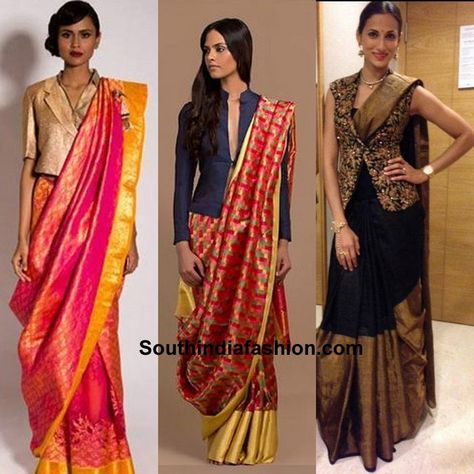 7-modern-ways-to-style-your-kanjeevaram-saree How To Style Kanjivaram Saree, Jacket Saree Style, Silk Saree Wearing Styles Ideas, Jacket Style Blouses For Saree, Silk Saree Draping Styles Modern, Kanjeevaram Saree Look, Modern Saree Jacket Designs, Kanjeevaram Blouse Designs, Kanjivaram Saree Look