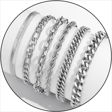 The 6 Pcs Chain Bracelet Set for Men features stainless steel Cuban, Curb, Link, Rope, Paperclip, Figaro, and Herringbone chain styles. Durable and stylish, these versatile bracelets are perfect for any occasion. Silver Bracelet Designs, Boys Bracelets, Mens Chain Bracelet, Mens Silver Jewelry, Silver Chain For Men, Boys Jewelry, Cuban Link Chain Necklaces, Herringbone Chain, Mens Bracelet Silver