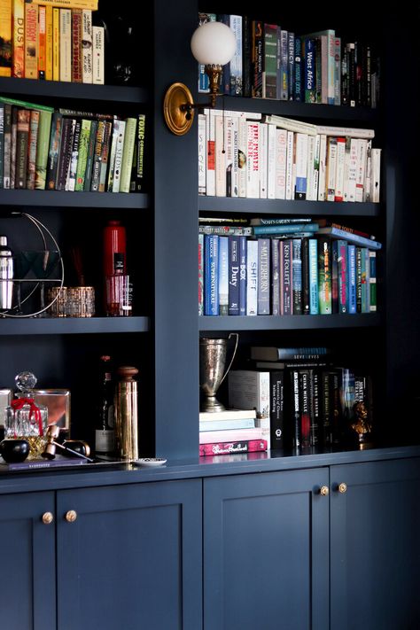 Dark Blue Bookcase Wall, Hague Blue Fireplace, Blue Bookcase Living Room, Dark Blue Bookcase, Dark Blue Bookshelves, Blue Built In Bookcase, Navy Bookshelves, Bookcase Colors, Natasha Habermann