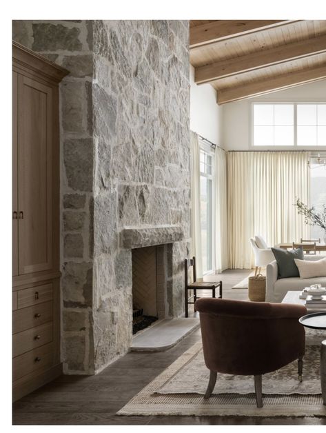 Columns In Basement, Floor Fireplace, Stone Fireplace With Built Ins On Both Sides, Stone Fireplace Ideas, Stone Fireplace Mountain Home, Thick Wood Mantels On Stone Corner Fireplace, 70’s Symmetrical Stone Fireplace, Corner Stone Fireplace, Chunky Indoor Brick Fireplac