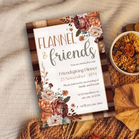 Looking to add a little bit of fun to your Friendsgiving festivities? Why not try out a digital invite this year? With so many options available, you're sure to find the perfect one for your friends and family. Plus, flannel and friends are always a hit! Whether you're hosting a small get-together or throwing a large party, these invites will help make your guests feel welcome.  Personalize your template in Canva, a free &  easy-to-use template editor that works in your web browser or on your ph Fall Party Invitations, Friendsgiving Dinner Party, Friendsgiving Invite, Friendsgiving Dinner, Autumn Party, Fall Fest, Thanksgiving Invitation, Digital Invite, Friends Party