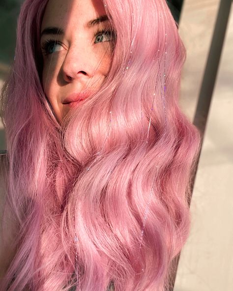 Pink Hair With Tinsel, Pink Tinsel Hair, Pink Hair Tinsel, Hair Tinsels, Glitter Hair Extensions, Pink Hair Extensions, Wow Hair Products, Megurine Luka, Hair Tinsel