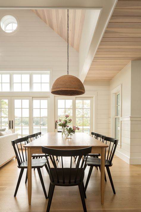 Boothbay Residence — Huffard House Dining Room With Shiplap, Shiplap Dining Room, White Oak Ceiling, Combined Living And Dining Room, Oak Ceiling, Beach House Dining Room, Oak Dining Room, Shiplap Walls, Dining Room Floor