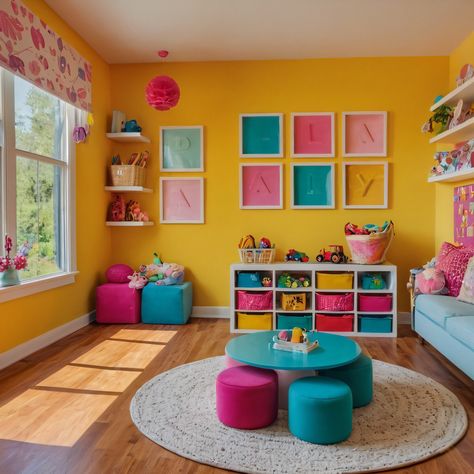 ⚠️LINK IN BIO⚠️ A vibrant children’s playroom filled with colorful decor, inventive storage options, and a playful theme to inspire creativity. #Playroom #Colorful #CreativeStorage #PlayfulTheme #Children Cosy Playroom, Playroom Color Scheme, Playroom Colorful, Family Compound, Colorful Playroom, Basement Playroom, Bright Color Schemes, Kids' Playroom, Creative Storage