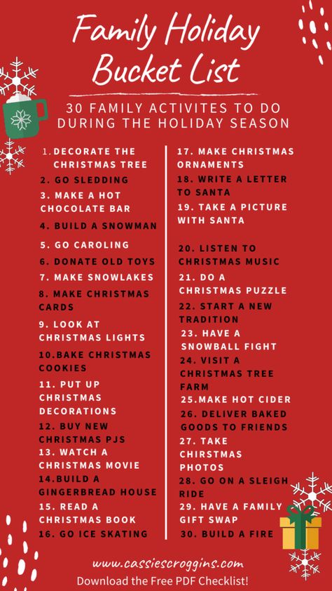 Make lasting memories with your family this holiday season by completing this bucket list of 30 holiday activities perfect for families! Need ideas of things to do this winter with your family? These are 30 of the best Christmas and holiday activities to must try this season with kids! #cassiescroggins #christmasactivities Christmas activities for kids At Home Christmas Activities For Kids, Things To Do For Christmas Activities, 100 Things To Do This Winter, Fun Christmas Things To Do With Kids, Christmas Checklist For Kids, 5 Things For Christmas For Kids, Christmas Ideas For Family Things To Do, Things To Do With Kids At Christmas, Christmas Family Ideas Activities