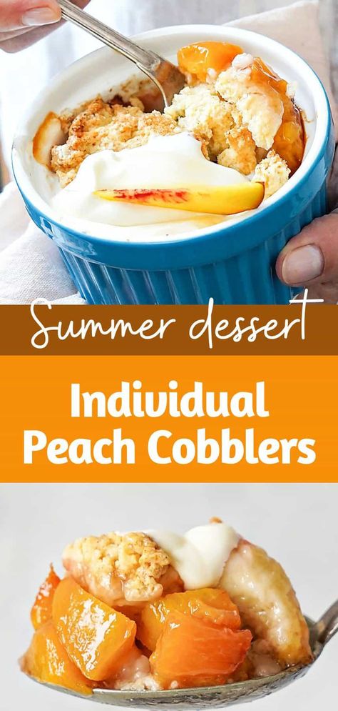 These individual-sized version of peach cobbler is worth taking note of. The size makes it easier to adjust the ratio of filling to biscuit topping. It can be made ahead and frozen, making it easier to plan it as dessert for a gathering or celebration. Individual Peach Cobbler Easy, Peach Cobbler Dessert Cups, Individual Peach Desserts, Individual Peach Cobbler, Mini Peach Cobbler, Peach Blueberry Cobbler, Seasonal Recipes Fall, Fresh Peach Cobbler, Cobbler Easy