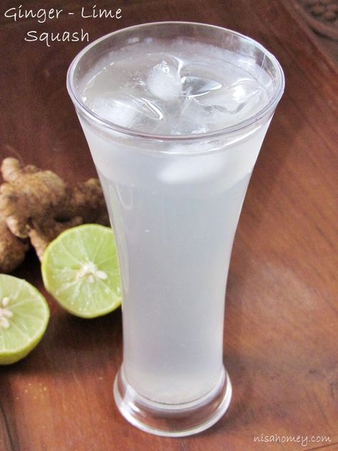 ginger lime squash recipe Squash Drink, Drinks Lemonade, Desert Drinks, Indian Drinks, Squash Recipe, Fresh Drinks, Party Food And Drinks, Juice Drinks, Squash Recipes