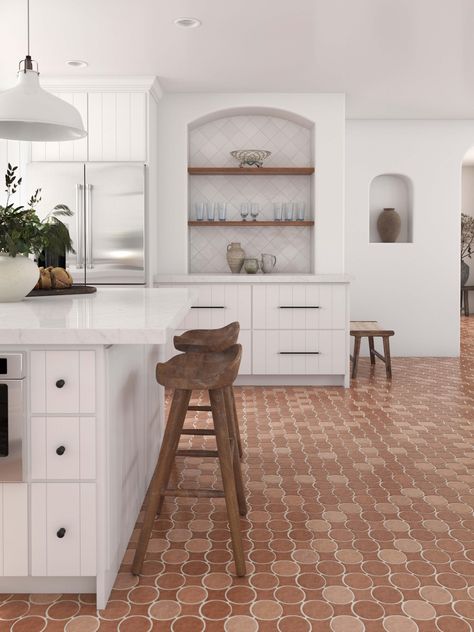 White Cabinets Terra Cotta Floor, Terracotta Floor White Walls, Angled Wall In Kitchen, Boho Kitchen Flooring, Kitchens With Terracotta Floor Tiles, Terracotta And Wood Floor Transition, Neutral Kitchen Tile Floor, Terra Cotta Tile Floors Kitchens, Terracotta Hexagon Tile Floor