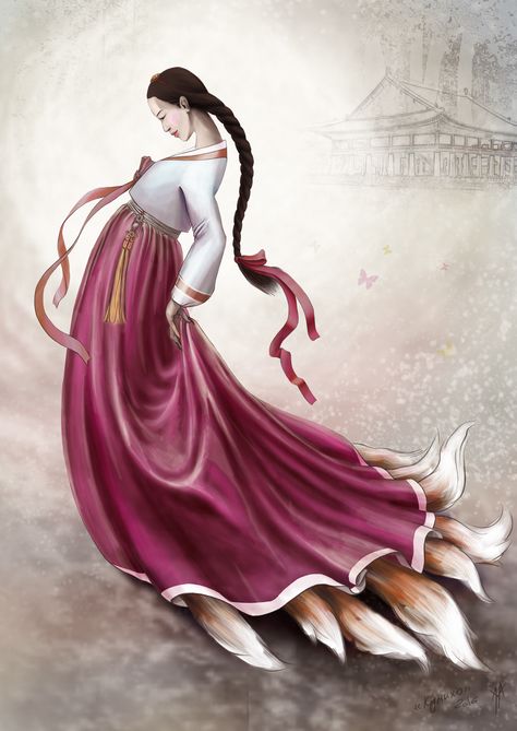 Kumiho is nine-tailed fox from Korean mythology                                                                                                                                                                                 More Korean Mythology Creatures, Gumiho Art, Nine Tailed Fox Tattoo, Phoenix Symbolism, Asian Fox, Sweets Wallpaper, Huli Jing, 9 Tailed Fox, Korean Mythology