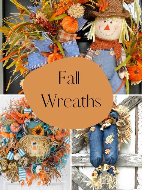 31 Scarecrow Wreaths To DIY Or Buy - PinkPopDesign Fall Scarecrow Wreath Ideas Diy, Scarecrow Wreaths Diy, Fall Wreaths With Scarecrows, Diy Scarecrow Wreath Tutorial, Diy Scarecrow Wreath, Scarecrow Wreath Diy Dollar Tree, Diy Scarecrow Decoration, Scarecrow Wreath Diy, Scarecrow Wreaths