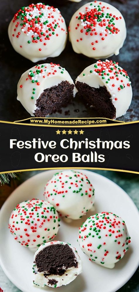 These Oreo balls are creamy, chocolatey, and decorated with festive sprinkles. A no-bake Christmas classic! Ingredients: 1 package Oreos, crushed 1 cup cream cheese 1 cup white chocolate, melted Festive sprinkles for garnish Serve these Oreo balls as a sweet, holiday-themed treat Christmas Desserts Oreo, Christmas Oreo Balls, Oreo Balls Christmas, Cookies Cream Cheese, Christmas Oreo, Christmas Chocolate Desserts, Easy Holiday Treats, Xmas Desserts, Xmas Treats