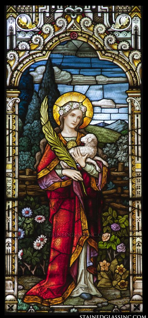 "Saint Agnes" Religious Stained Glass Window St Agnes Of Rome, Stain Glass Windows Art, St. Agnes, Stained Glass Windows Cathedral, Stained Glass Virgin Mary, Saint Agnes Of Rome, English Stained Glass Windows, Stained Glass Saints, Stained Glass Mary