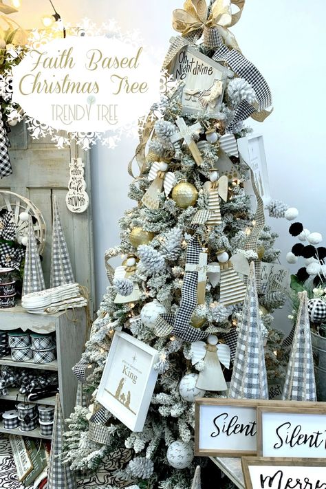 Faith Based Christmas Tree - Trendy Tree Blog| Holiday Decor Inspiration | Wreath Tutorials|Holiday Decorations| Mesh  Ribbons Champagne Decorations, Religious Christmas Tree, Christmas Tree Inspiration Rustic, Flocked Tree, Gingerbread Christmas Tree, White Champagne, Christmas Tree Inspiration, Ribbon On Christmas Tree, Trendy Tree