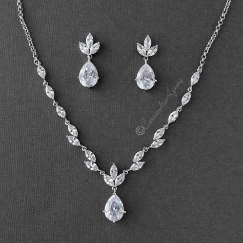 Teardrop CZ Bridal Necklace Jewelry Set - Cassandra Lynne Minimal Wedding Jewelry, Prom Jewlrey, Wedding Necklaces For Bride, Wedding Jewelery, Bride Jewelry Set, Wedding Necklace Set, Wedding Jewelry For Bride, Bride Necklace, Bridal Jewellery Design