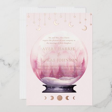 Embark on a journey to a magical celebration with our Rose Gold Mystical Crystal Ball Wedding Foil Invitation. This captivating design features a mystical watercolor crystal ball in enchanting pink hues, adorned with real rose gold foil crescent moon phases and twinkling stars, capturing the essence of tarot and celestial wonder. Perfect for starry-eyed couples, this invitation promises a night filled with mystical romance and celestial charm, setting the stage for an unforgettable wedding under Mystical Watercolor, Moon Stars Wedding, Watercolor Crystal, Stars Wedding, Starry Night Wedding, Ball Wedding, Twinkling Stars, Real Rose, Starry Eyed